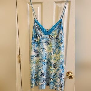 Floral Slip Dress Chemise Nightgown Aqua Blue Lace Trim Size Large